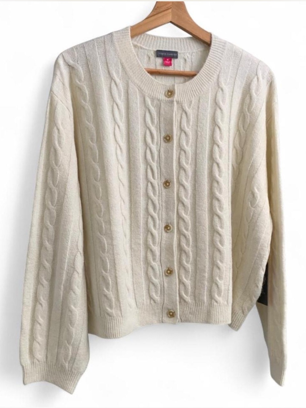 NWT Vince Camuto Cream Cable-Knit Button-Front crew neck Cardigan #cableknit